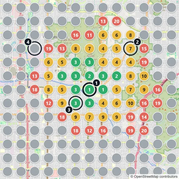 Map of 169 search points around a dental office in Phoenix, each colored by the office's rank for dentist: a small green cluster at the office, yellow and red around it, and gray across most of the map, with four numbered markers.