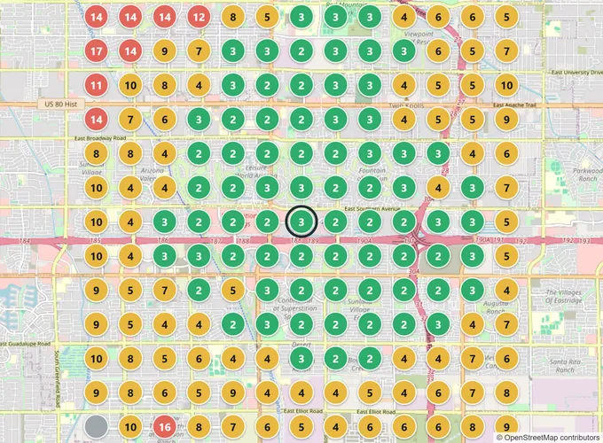 Map of 169 search points around an HVAC location, each colored by its rank for ac repair: green ranks 2 and 3 across the middle, yellow toward the edges, and no rank 1 anywhere.