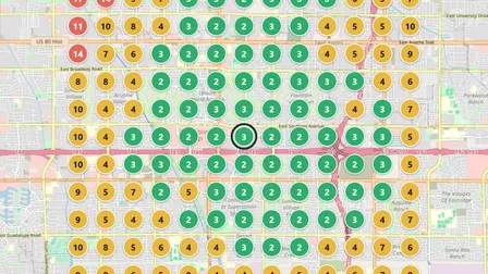 A Google Maps ranking grid: 169 search points around an HVAC location, colored by its rank for ac repair.